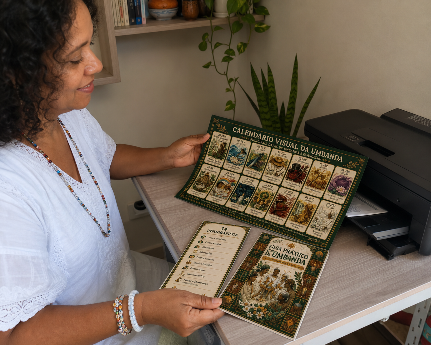 Pessoa segurando o Calendário Visual da Umbanda impresso com o guia prático