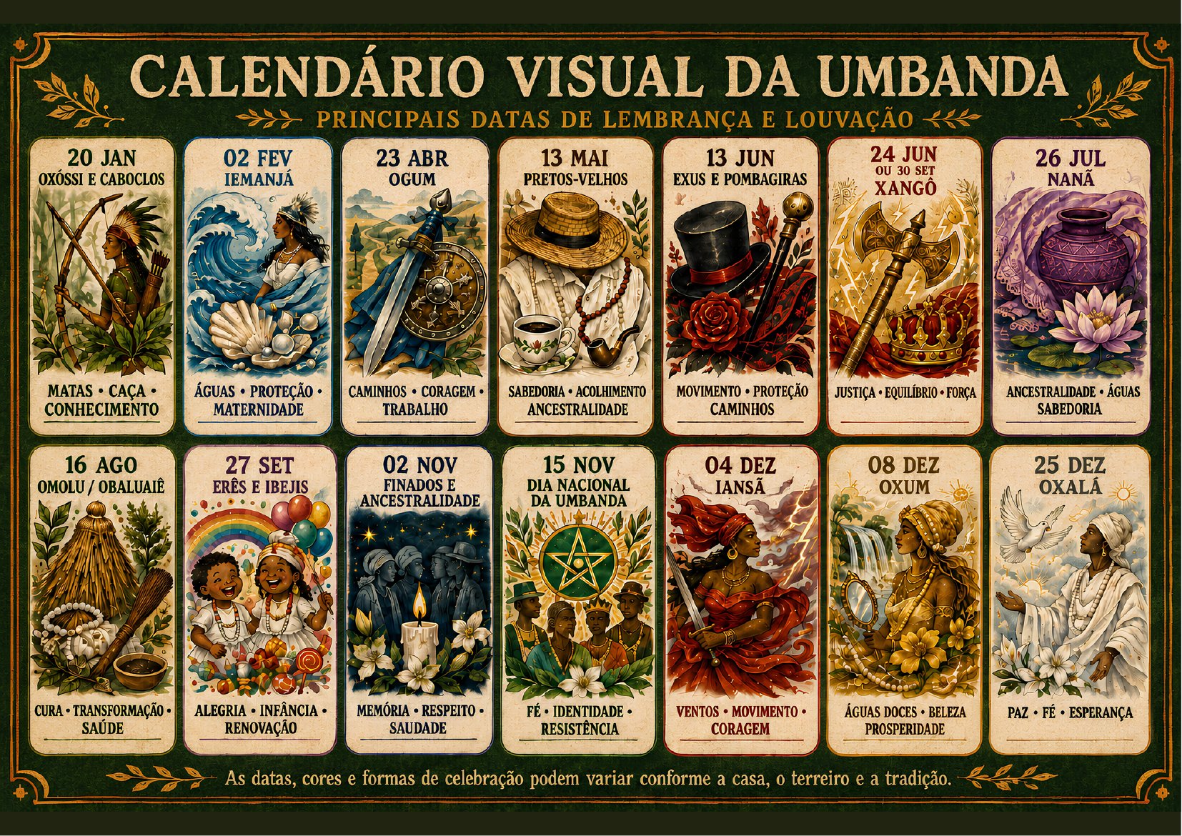 Calendário visual com as principais datas de louvação da Umbanda