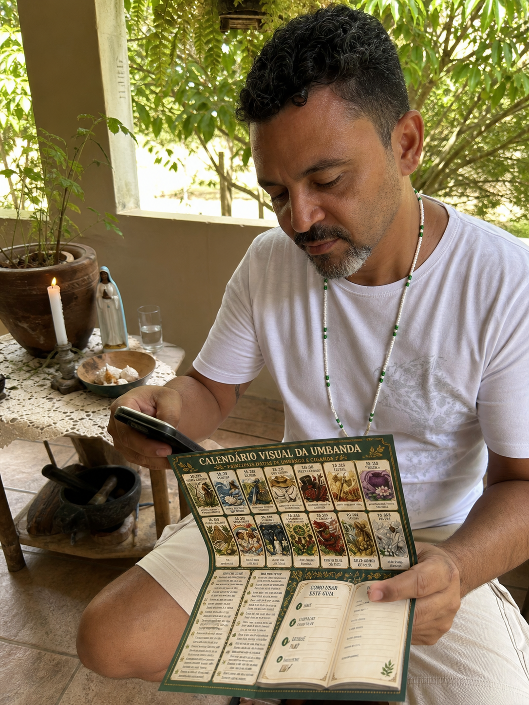 Homem consultando o calendário impresso e o material no celular