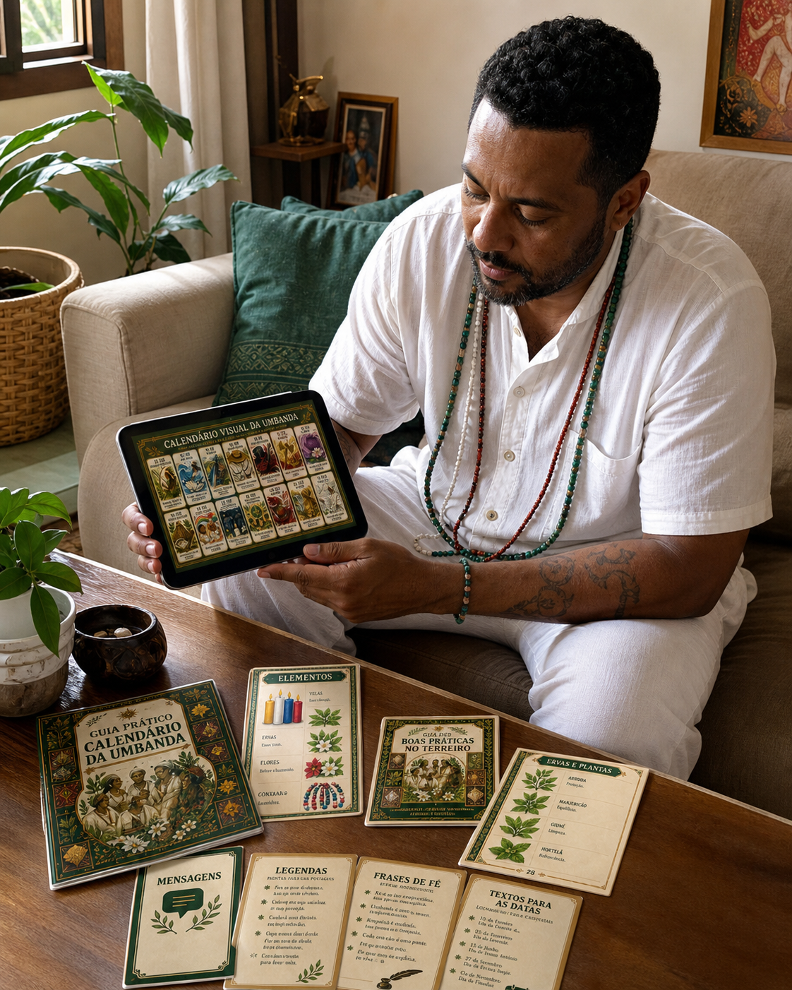 Homem consultando o calendário no tablet com os bônus impressos sobre a mesa
