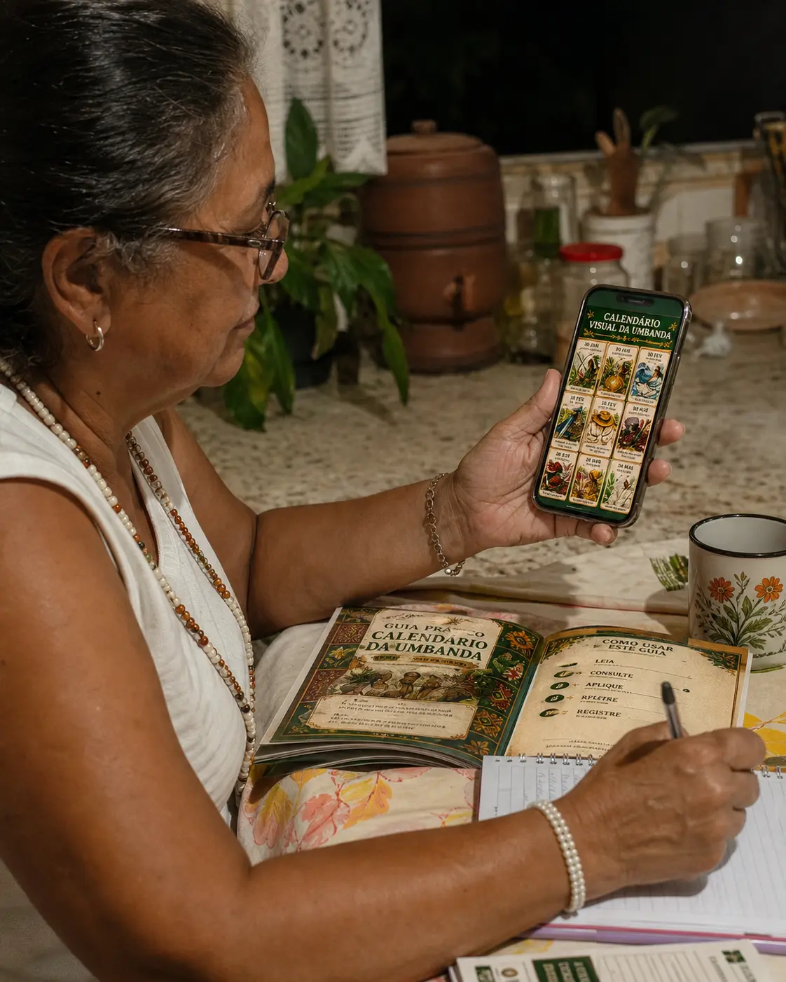 Senhora consultando o calendário no celular junto ao guia prático