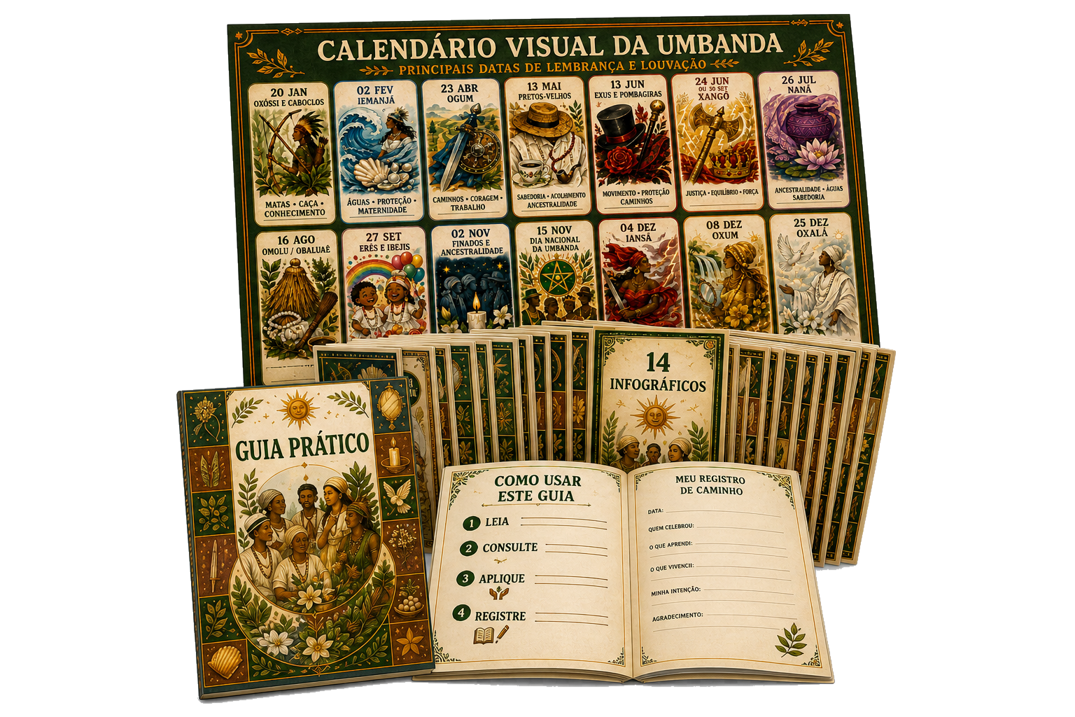 Mockup do Plano Básico: calendário, 14 infográficos e guia prático