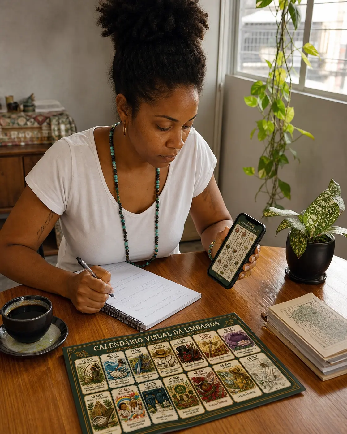 Mulher estudando o calendário e anotando aprendizados